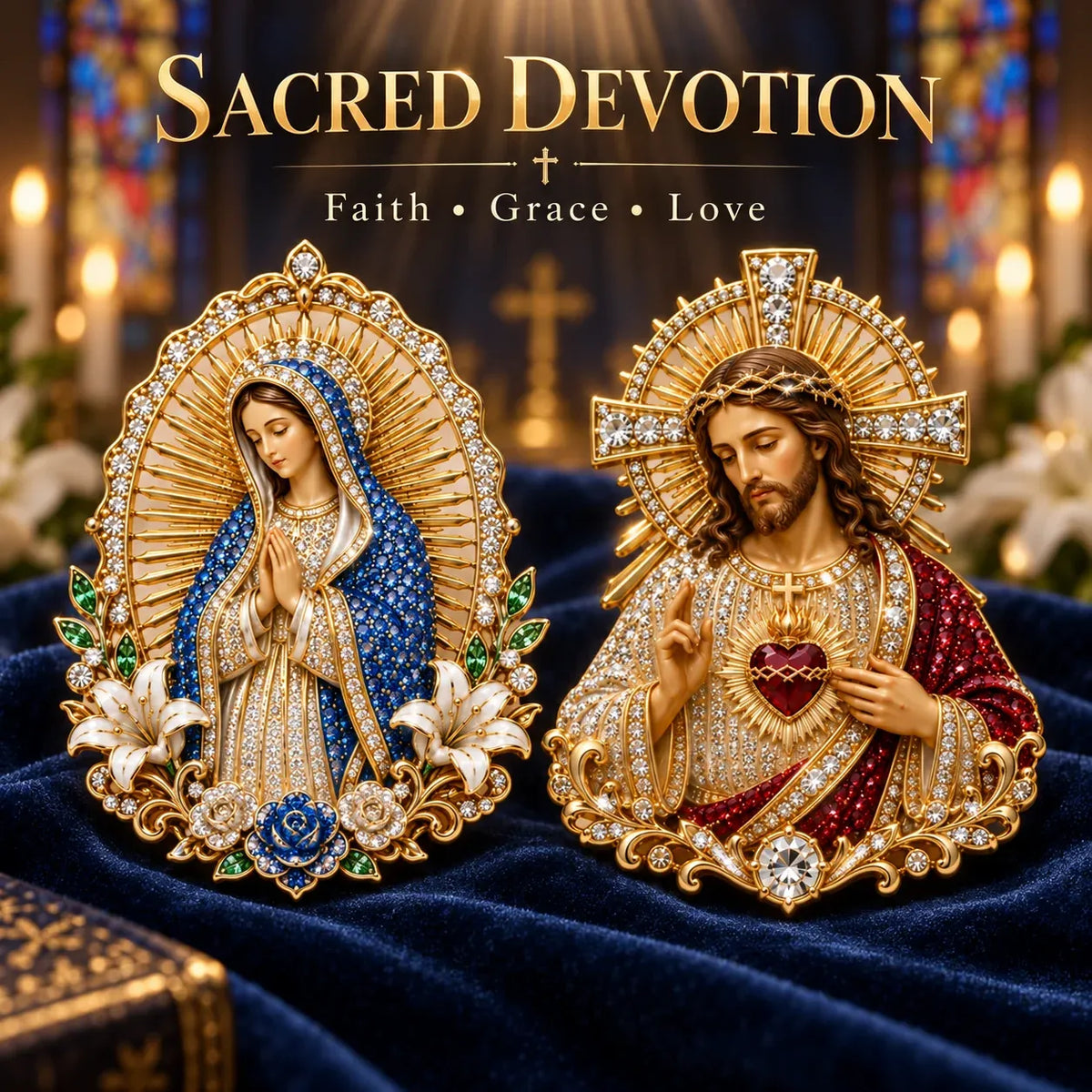✝️ 3D Jesus & Mary Sacred Devotion Pin ⏳Gold-Tone Crystal Christian Brooch ❤️