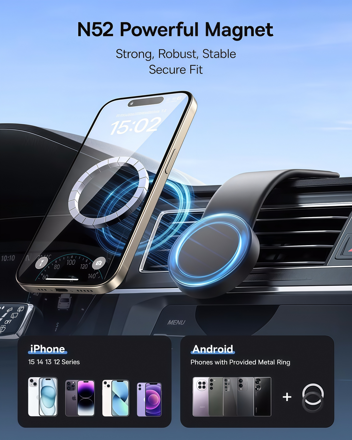 🚗 MagSafe Car Mount – 25N Strong Magnetic Phone Holder with Bendable Memory Titanium Alloy, 360° Rotation & 3M Adhesive Dashboard Mount for iPhone 16/15/14/13 & Android