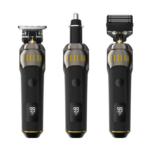 🏆3-in-1 Professional Men’s Grooming Set – T-Blade Trimmer, Foil Shaver & Nose Trimmer – With LED Display & USB Rechargeable