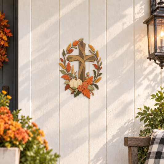 ✝️🍂 Autumn Cross & Pumpkin Harvest Metal Wall Decor