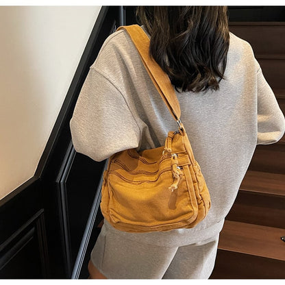 👜✨ Distressed Canvas Messenger Bag – Multi-Zipper Layered Design, Wide Adjustable Strap
