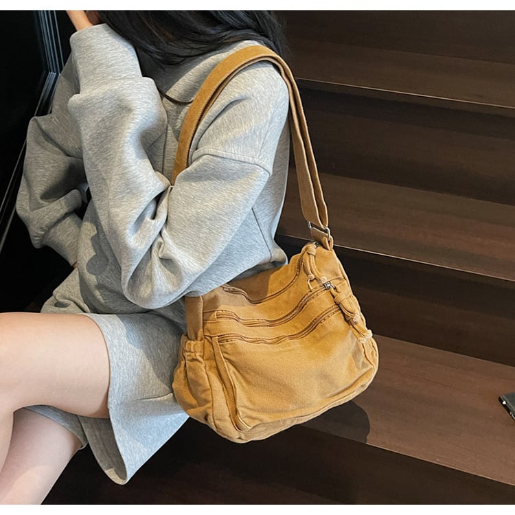 👜✨ Distressed Canvas Messenger Bag – Multi-Zipper Layered Design, Wide Adjustable Strap