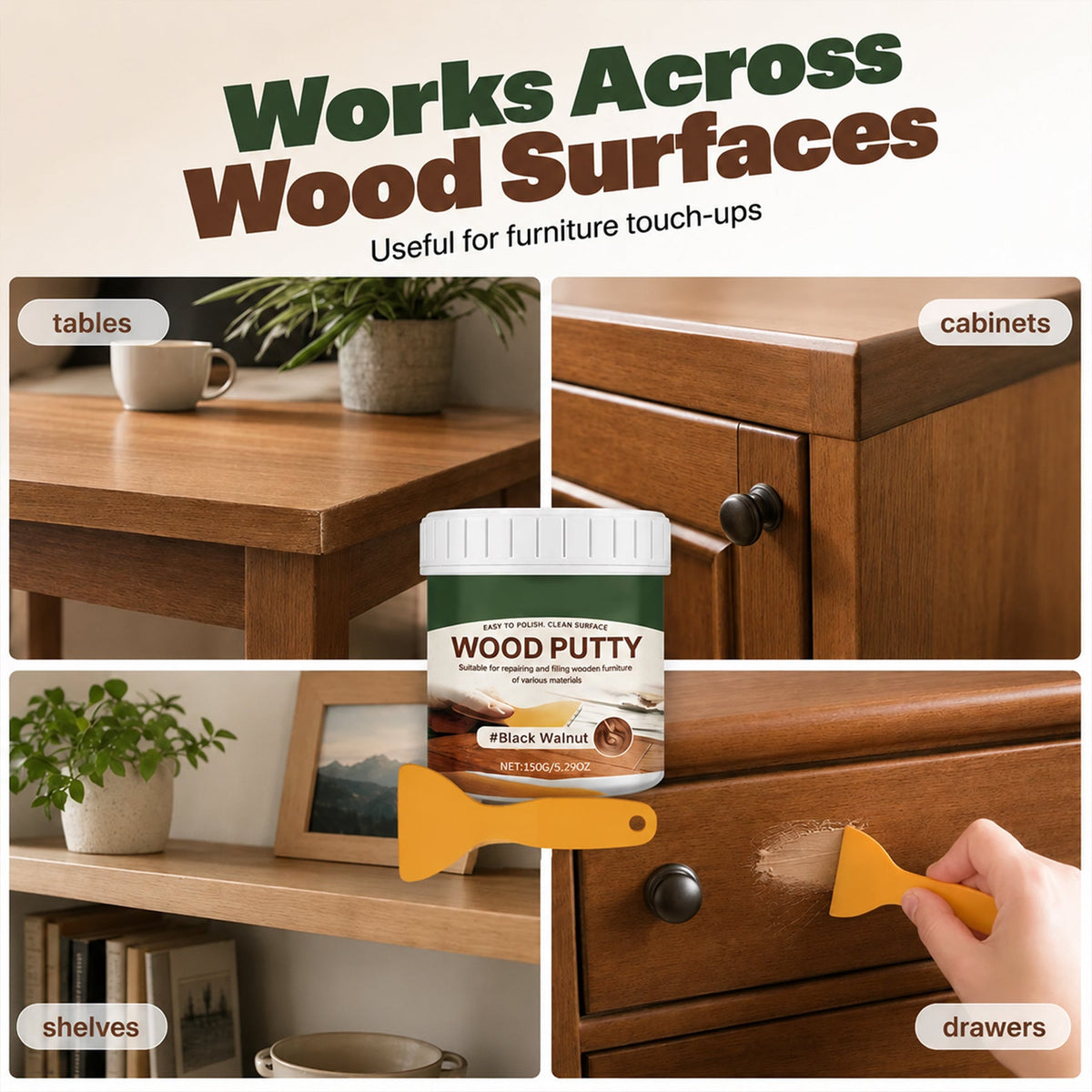 🚪Wood Repair Filler Putty – Fills Cracks & Chips, Smooths Surfaces, Blends with Dark Wood