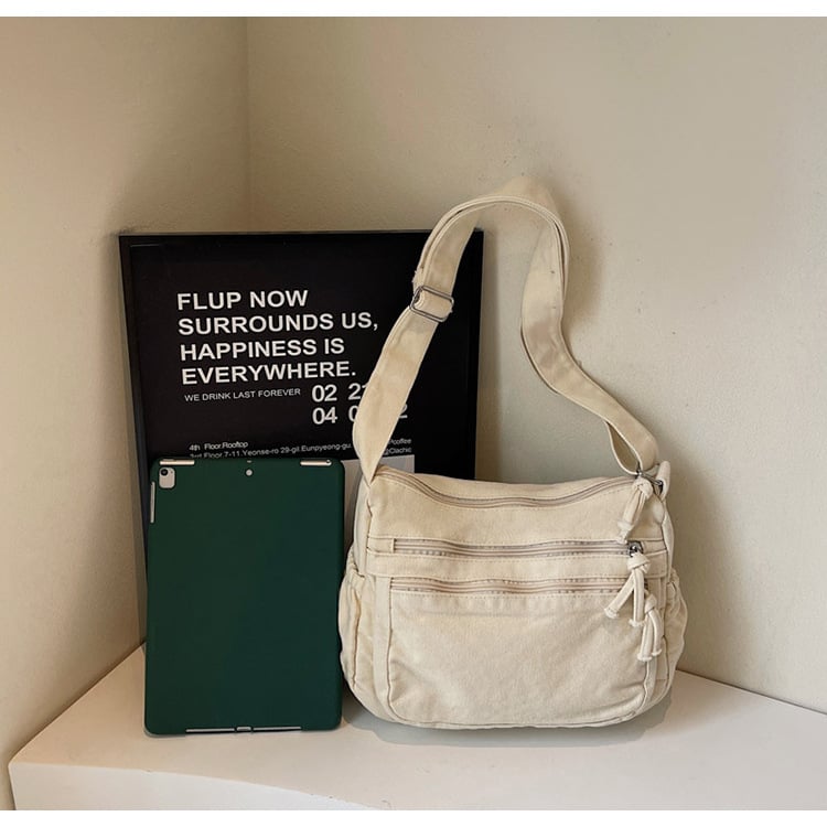 👜✨ Distressed Canvas Messenger Bag – Multi-Zipper Layered Design, Wide Adjustable Strap