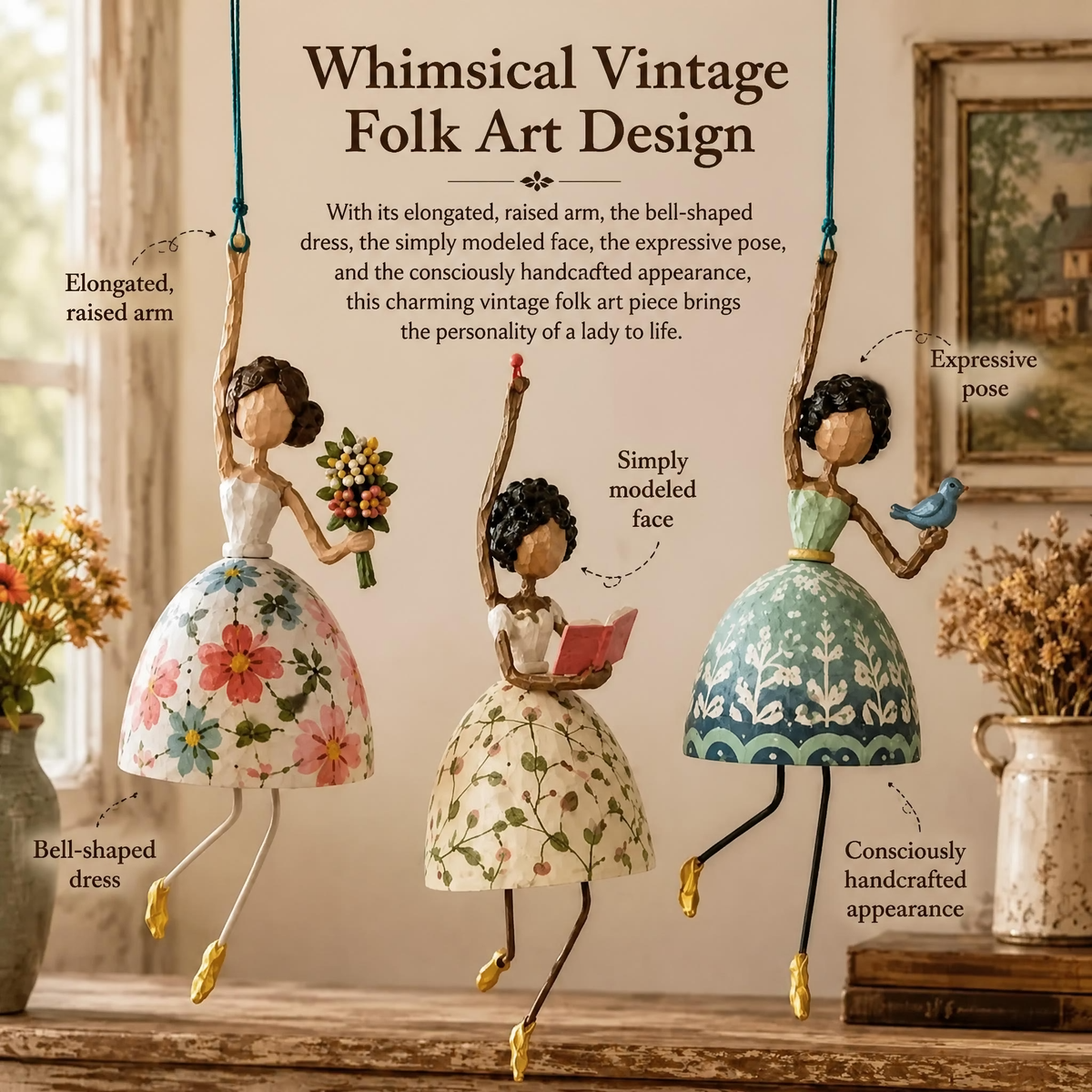 🌸 Hand-painted Hanging Ornament "Dancing Lady" – Playful Folk Art That Comes to Life | Handcrafted Floral Bell Skirt, Wire Legs and Little Songbird Charm