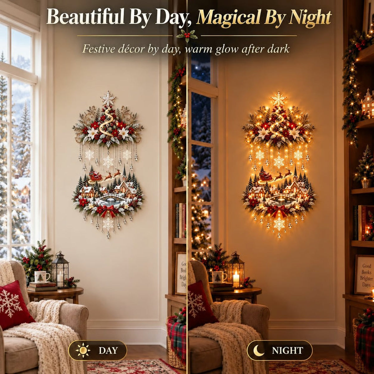 🎄🏠Illuminated Christmas tree and Christmas village wall hanging | Warm glowing string lights for living rooms, entryways and stairwells ✨
