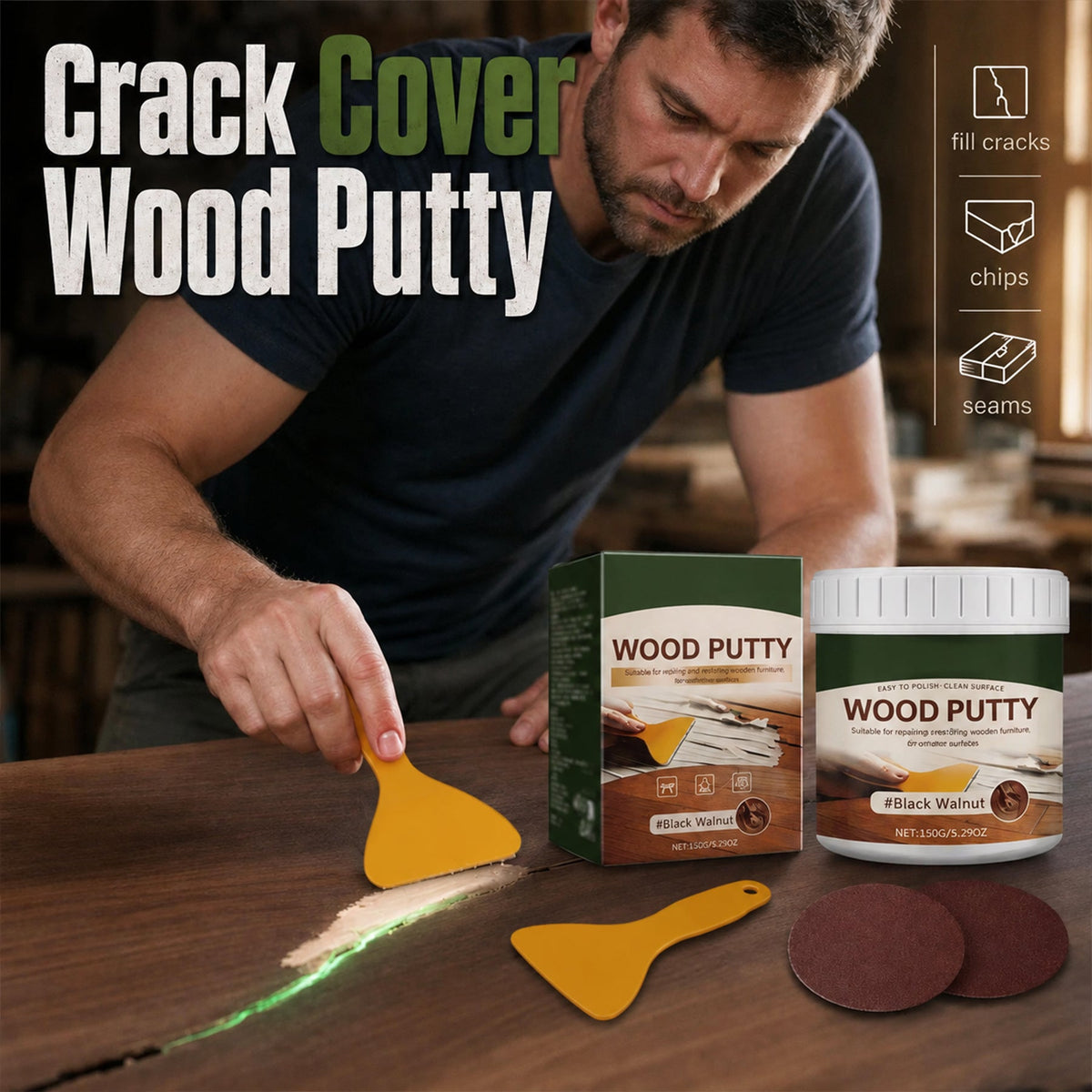 🚪Wood Repair Filler Putty – Fills Cracks & Chips, Smooths Surfaces, Blends with Dark Wood