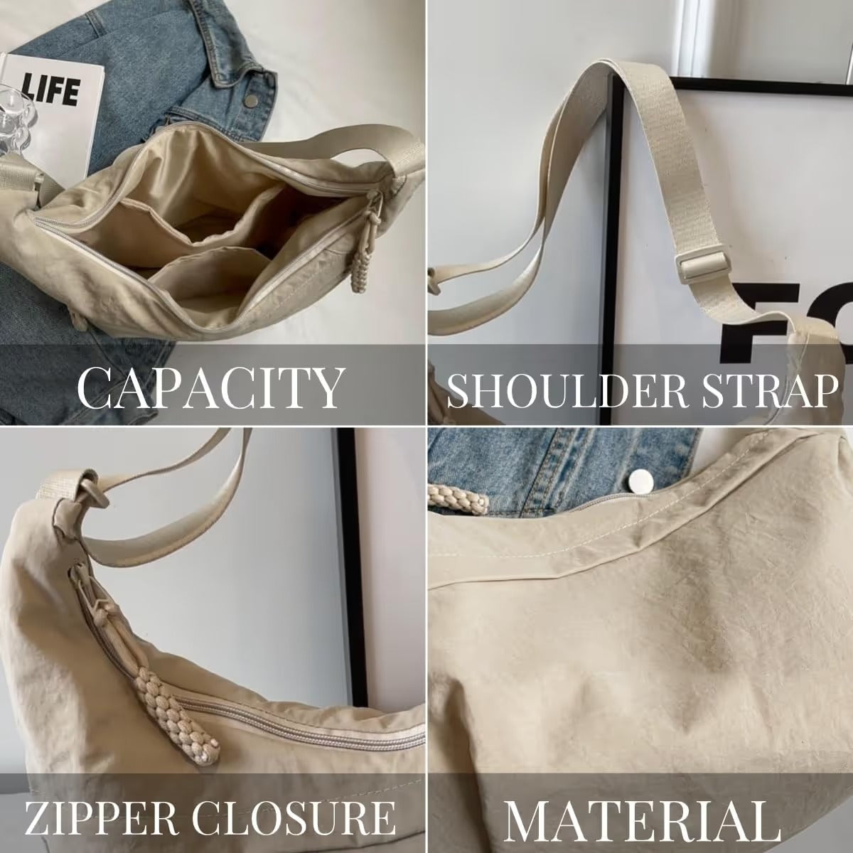 🏆5k sold this week!🔥Designer Direct Sales👜Women's Fashion Plain Color Nylon Crossbody Hobo Bag