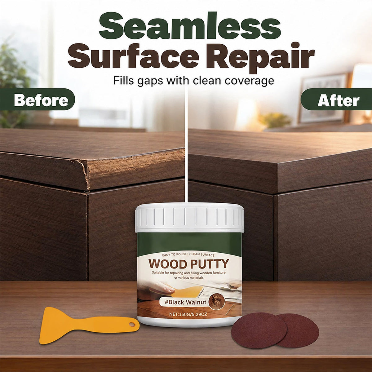 🚪Wood Repair Filler Putty – Fills Cracks & Chips, Smooths Surfaces, Blends with Dark Wood