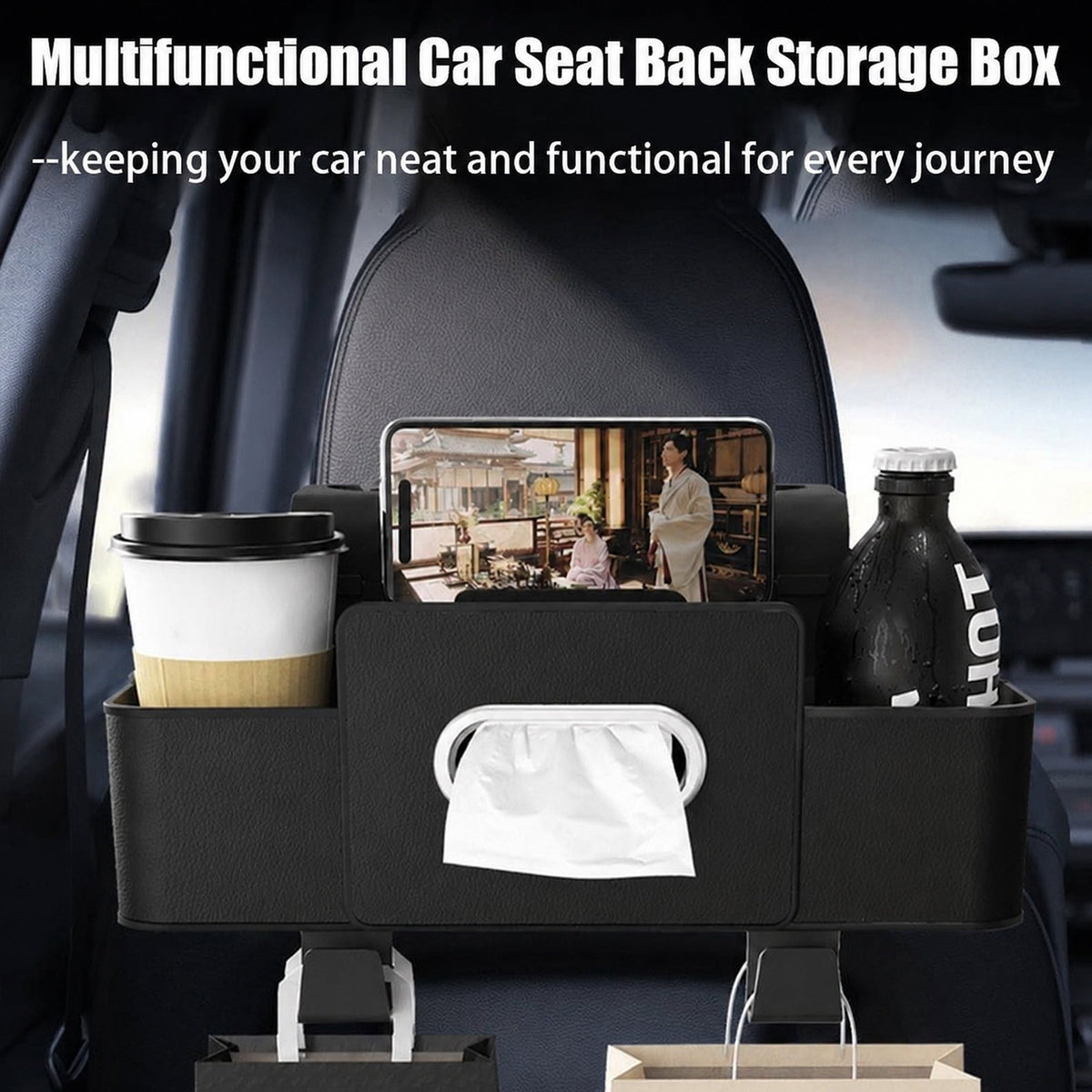 🎁Hot Sale Promotion🔥Leather and Fabric Car Organizer with Cup Holder, Tissue Box, Mobile Phone Holders
