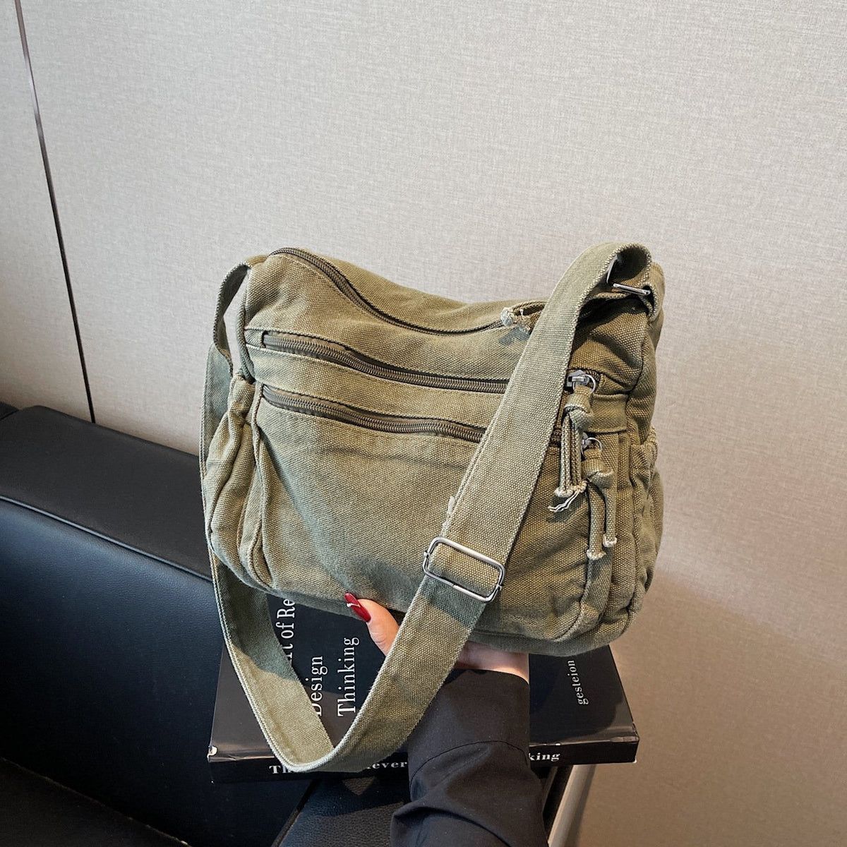 👜✨ Distressed Canvas Messenger Bag – Multi-Zipper Layered Design, Wide Adjustable Strap