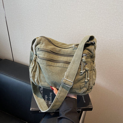 👜✨ Distressed Canvas Messenger Bag – Multi-Zipper Layered Design, Wide Adjustable Strap