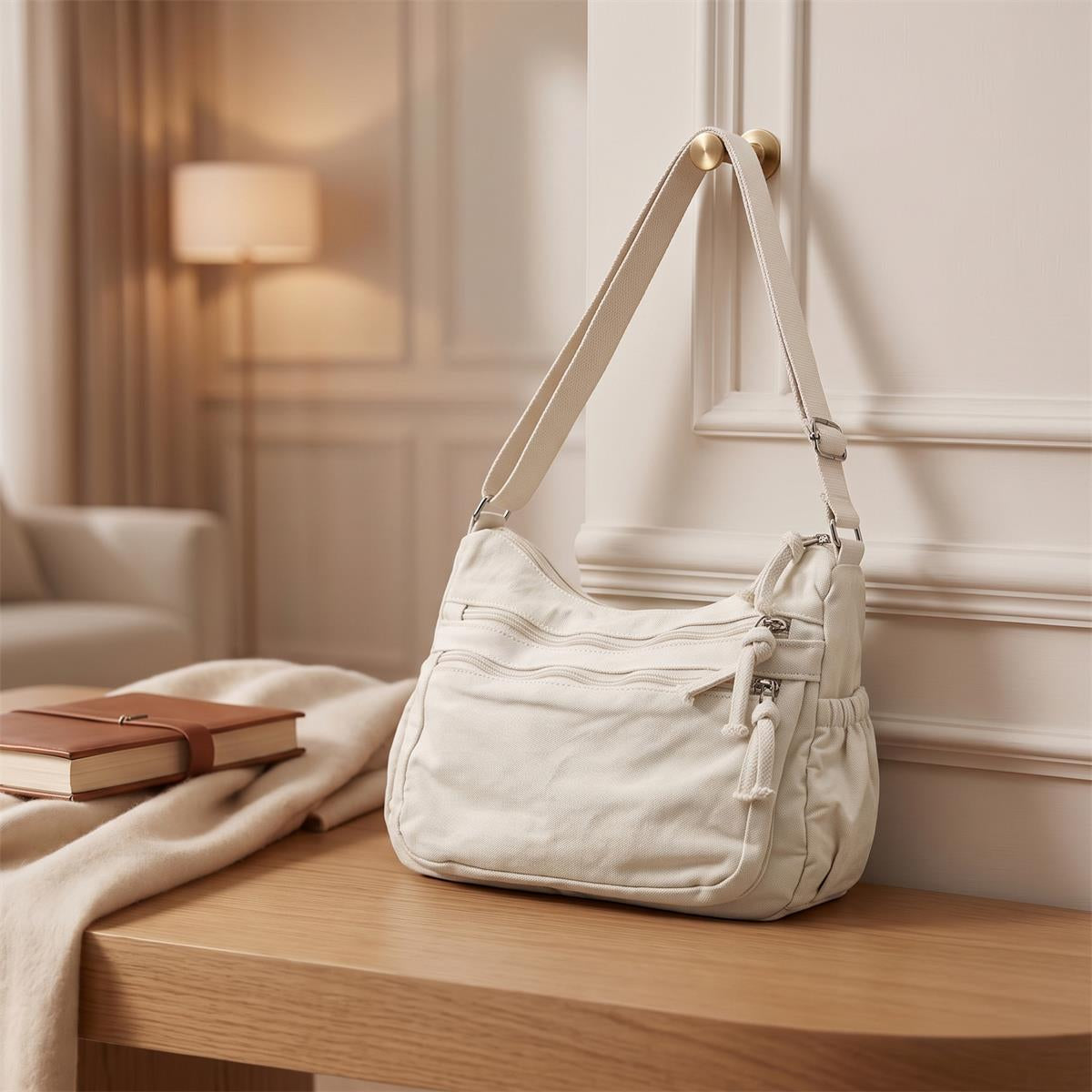 👜✨ Distressed Canvas Messenger Bag – Multi-Zipper Layered Design, Wide Adjustable Strap