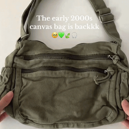 👜✨ Distressed Canvas Messenger Bag – Multi-Zipper Layered Design, Wide Adjustable Strap