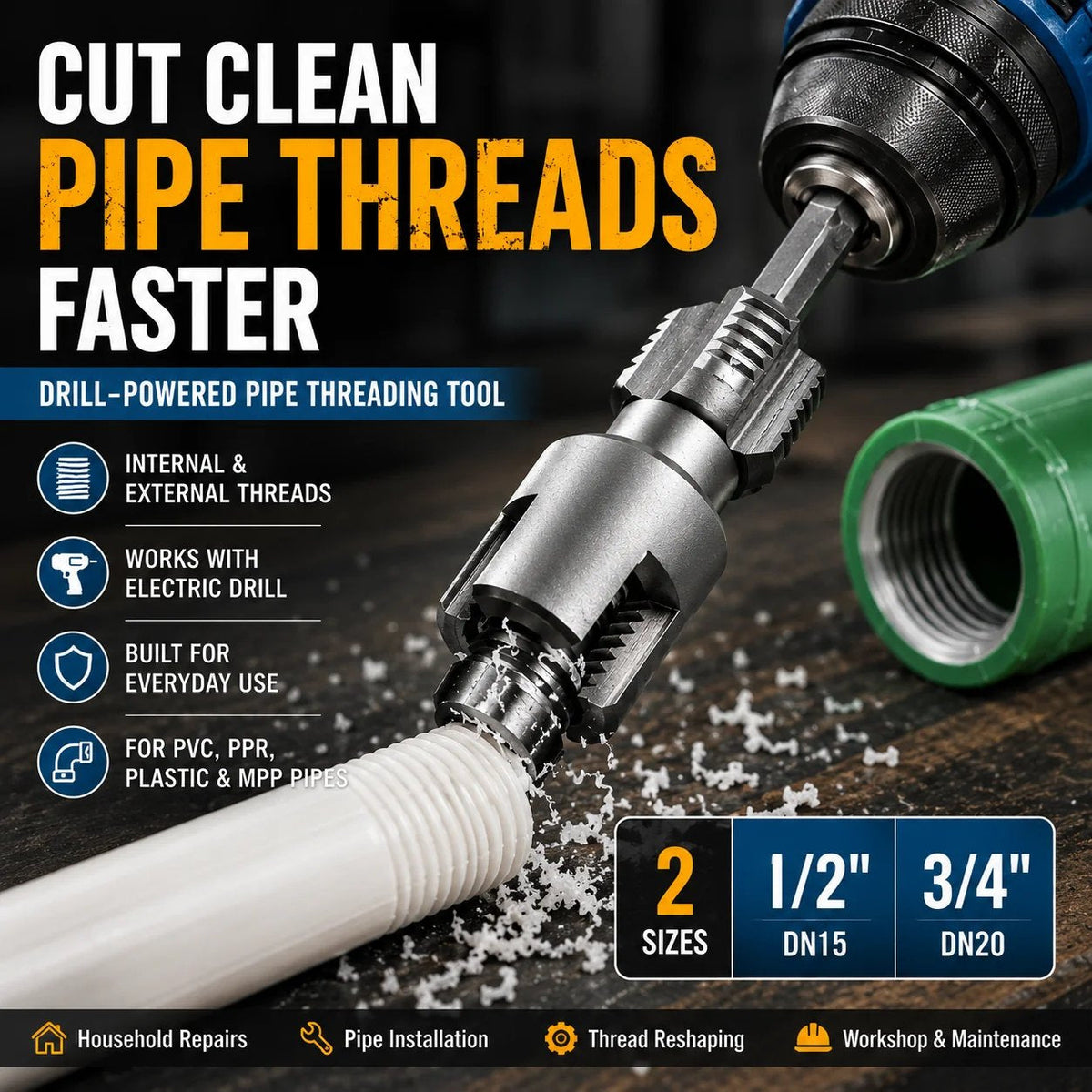 💯Drill-Powered Pipe Thread Cutting Bit — Internal & External Threading for 1/2" & 3/4" Plastic Pipes