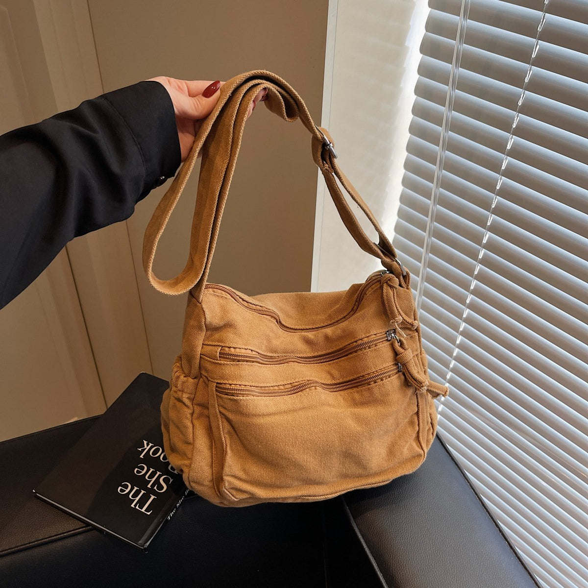 👜✨ Distressed Canvas Messenger Bag – Multi-Zipper Layered Design, Wide Adjustable Strap