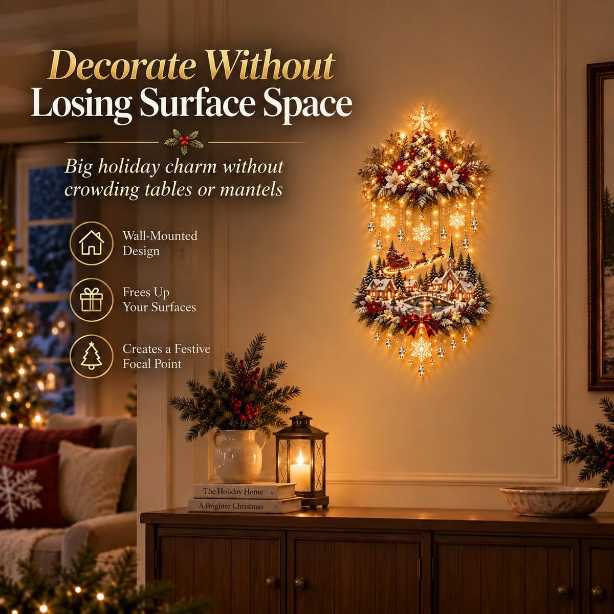🎄🏠Illuminated Christmas tree and Christmas village wall hanging | Warm glowing string lights for living rooms, entryways and stairwells ✨