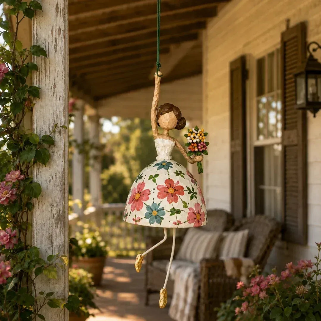 🌸 Hand-painted Hanging Ornament "Dancing Lady" – Playful Folk Art That Comes to Life | Handcrafted Floral Bell Skirt, Wire Legs and Little Songbird Charm