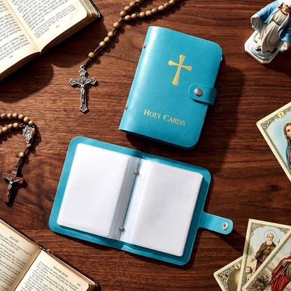 ✝️ Catholic PVC+PU Leather Holy Card Holder – Pocket Prayer Card Organizer with Snap Closure