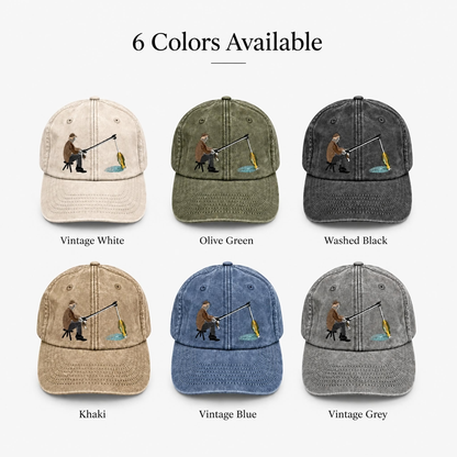 🎣🧢 Catch of the Day Interactive Fishing Cap –🎁 Vintage Washed Moving Fish Hat