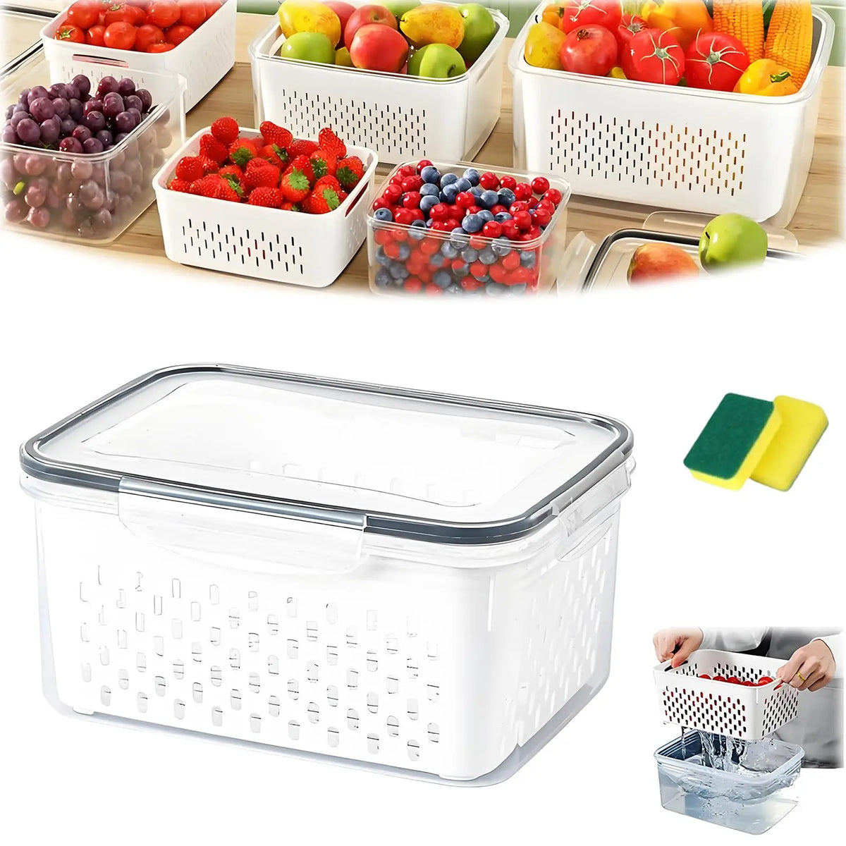 4 in 1 Food Storage Container, Fruit Storage Containers for Fridge, Produce Storage Containers with Lid and Strainer