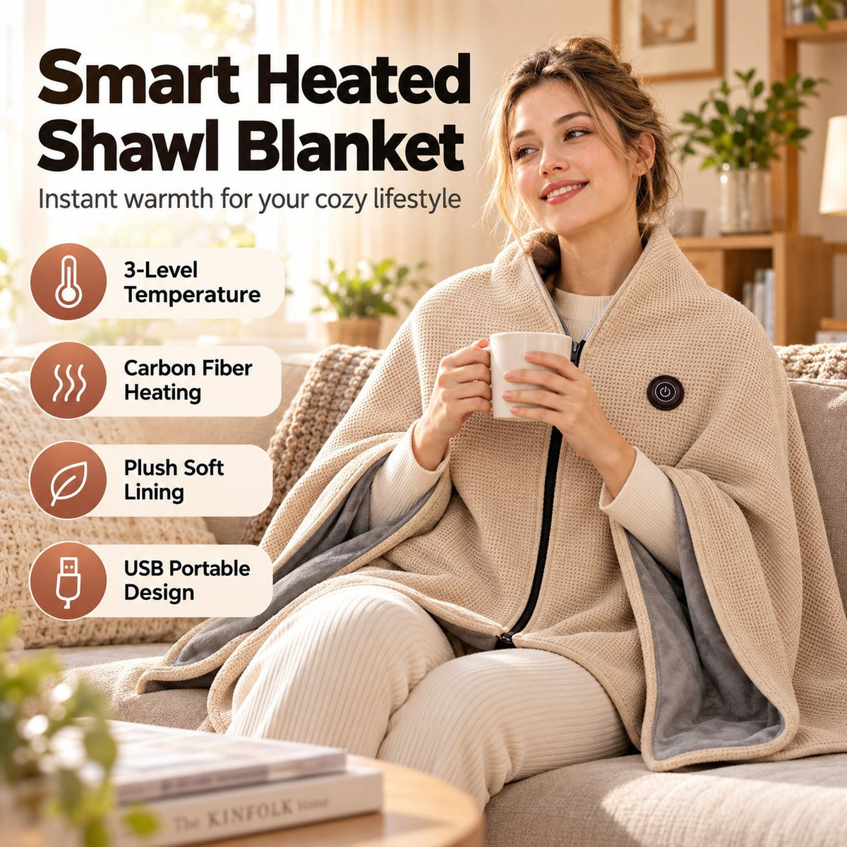 Heated blanket/shoulder wrap with USB charging and 3-level temperature control