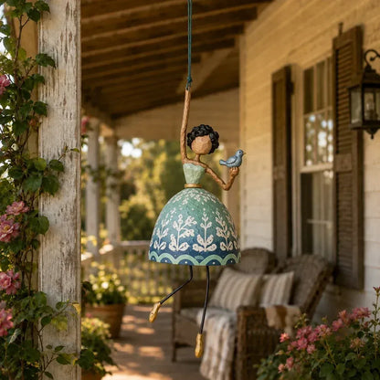 🌸 Hand-painted Hanging Ornament "Dancing Lady" – Playful Folk Art That Comes to Life | Handcrafted Floral Bell Skirt, Wire Legs and Little Songbird Charm
