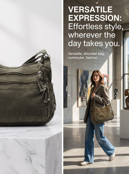 👜✨ Distressed Canvas Messenger Bag – Multi-Zipper Layered Design, Wide Adjustable Strap