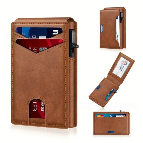 ✨Wallet - With Pop Up Aluminum Case  Slim Leather Slots Credit Card Holder RFID Blocking Bifold Minimalist Wallet