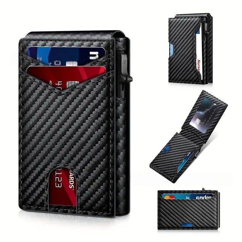 ✨Wallet - With Pop Up Aluminum Case  Slim Leather Slots Credit Card Holder RFID Blocking Bifold Minimalist Wallet