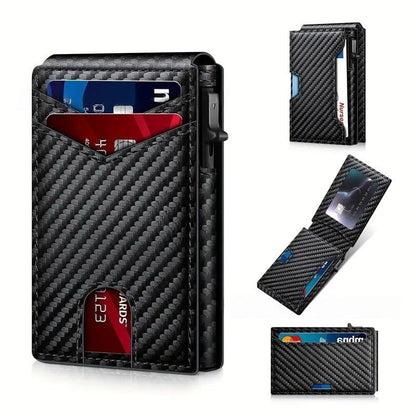 ✨Wallet - With Pop Up Aluminum Case  Slim Leather Slots Credit Card Holder RFID Blocking Bifold Minimalist Wallet