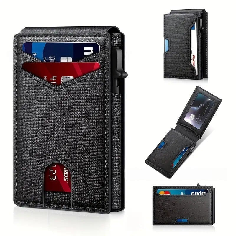 ✨Wallet - With Pop Up Aluminum Case  Slim Leather Slots Credit Card Holder RFID Blocking Bifold Minimalist Wallet