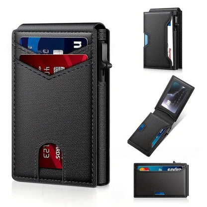 ✨Wallet - With Pop Up Aluminum Case  Slim Leather Slots Credit Card Holder RFID Blocking Bifold Minimalist Wallet