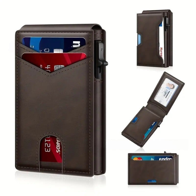 ✨Wallet - With Pop Up Aluminum Case  Slim Leather Slots Credit Card Holder RFID Blocking Bifold Minimalist Wallet