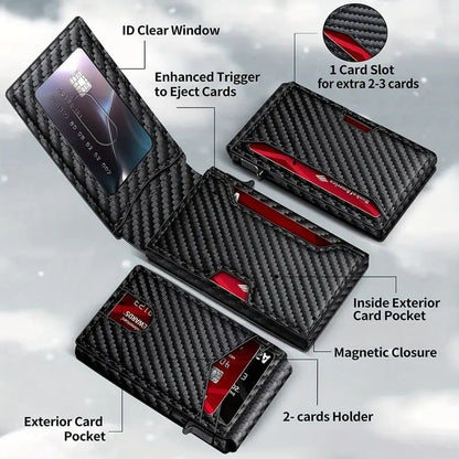 ✨Wallet - With Pop Up Aluminum Case  Slim Leather Slots Credit Card Holder RFID Blocking Bifold Minimalist Wallet