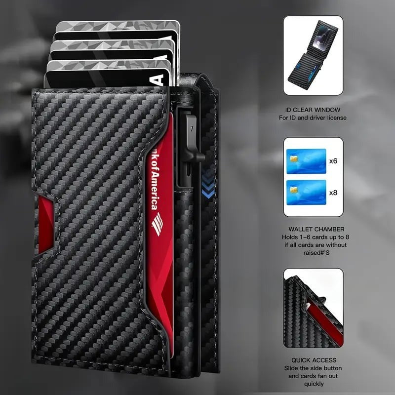 ✨Wallet - With Pop Up Aluminum Case  Slim Leather Slots Credit Card Holder RFID Blocking Bifold Minimalist Wallet