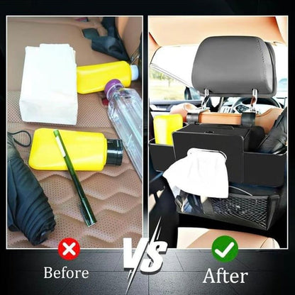 🎁Hot Sale Promotion🔥Leather and Fabric Car Organizer with Cup Holder, Tissue Box, Mobile Phone Holders