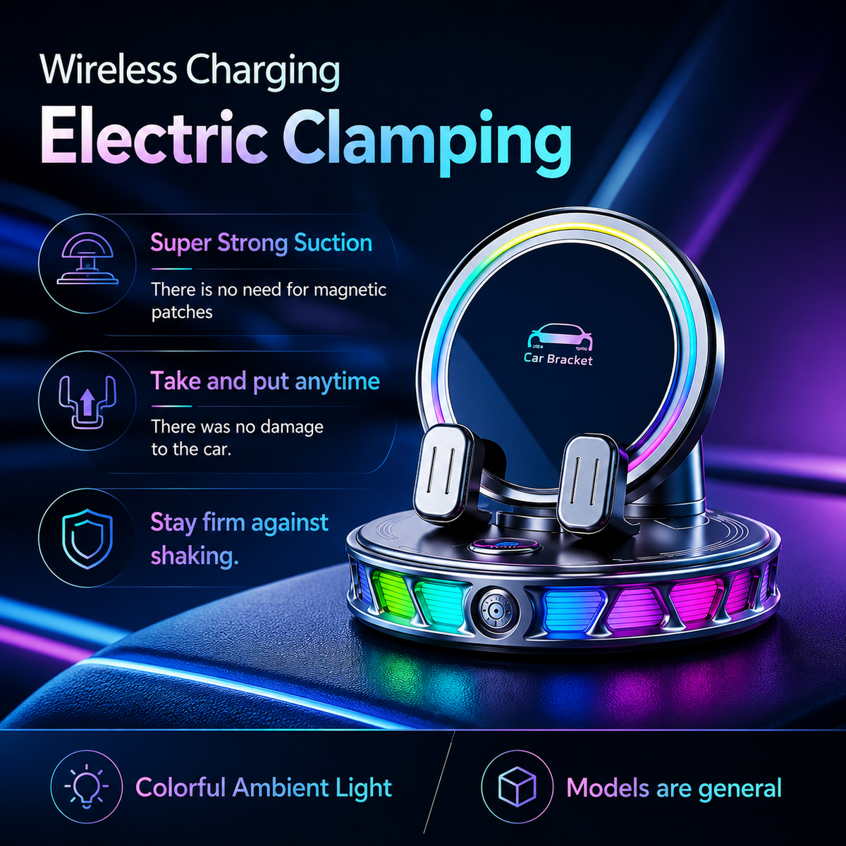 360° Rotating Wireless Charging Car Phone Mount with RGB Light